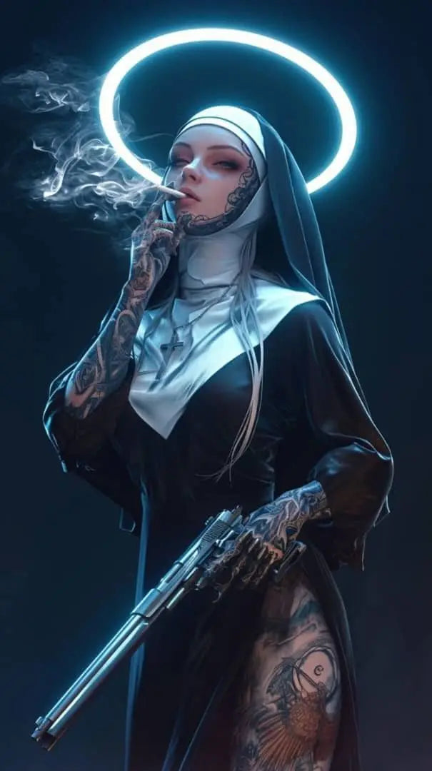 Smoking Nun Canvas Print Sexy Tattoo Machine Gun Nun Christian Wall Art Home Decor Peaceful Pleasures Health and Wellness 2 20x30cm Unframed