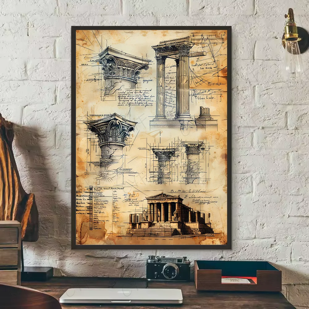 Vintage Architecture Drawings Wall Poster | Waterproof PVC Art Wall Art Poster Peaceful Pleasures Health and Wellness z11 50X70cmNoframe