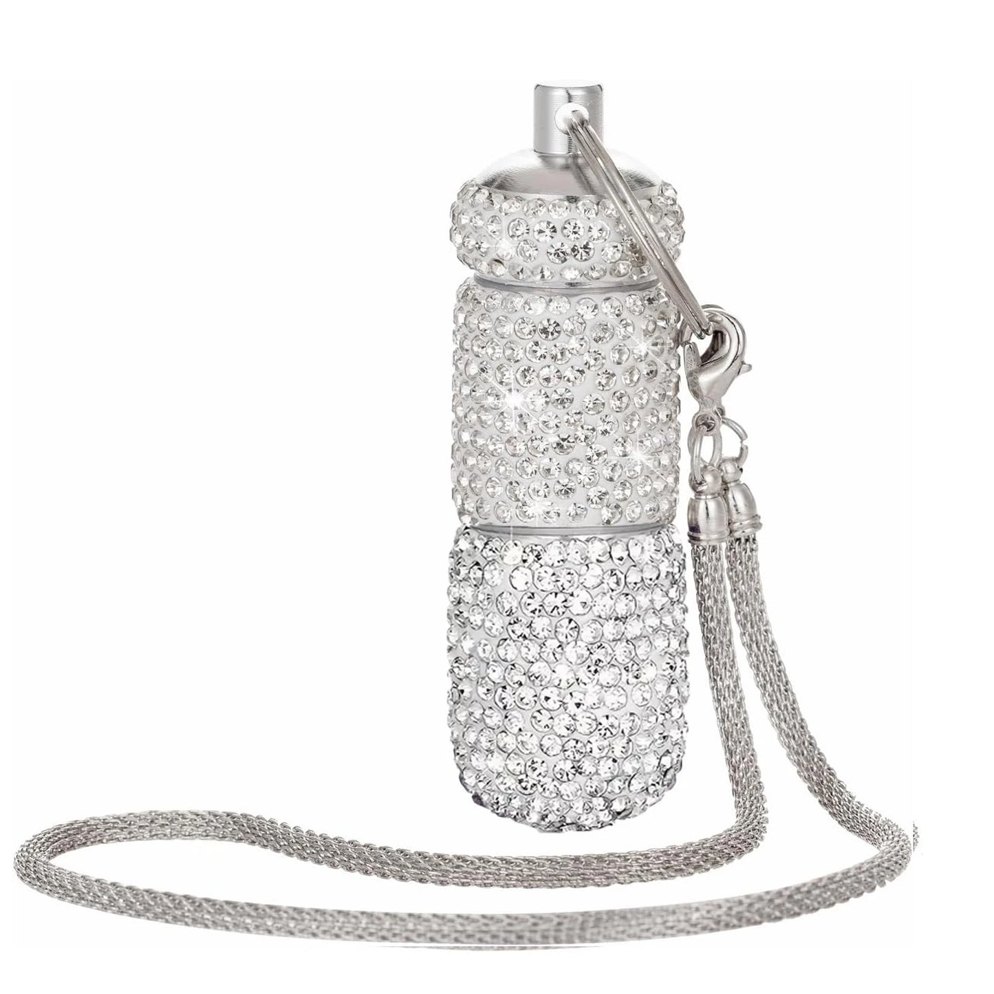 Bling Keychain Pill Box 2 Compartments Small Travel Pill Case Organizer Crystal Diamond Medicine Bottle Pill Bottle Keychain Peaceful Pleasures Health and Wellness Silvery-Keychain
