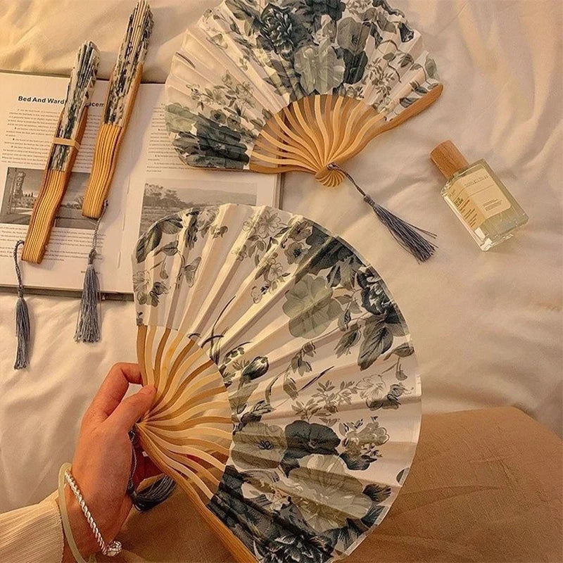 Silk Bamboo Folding Hand Fan – Vintage Floral Wedding & Dance Fan