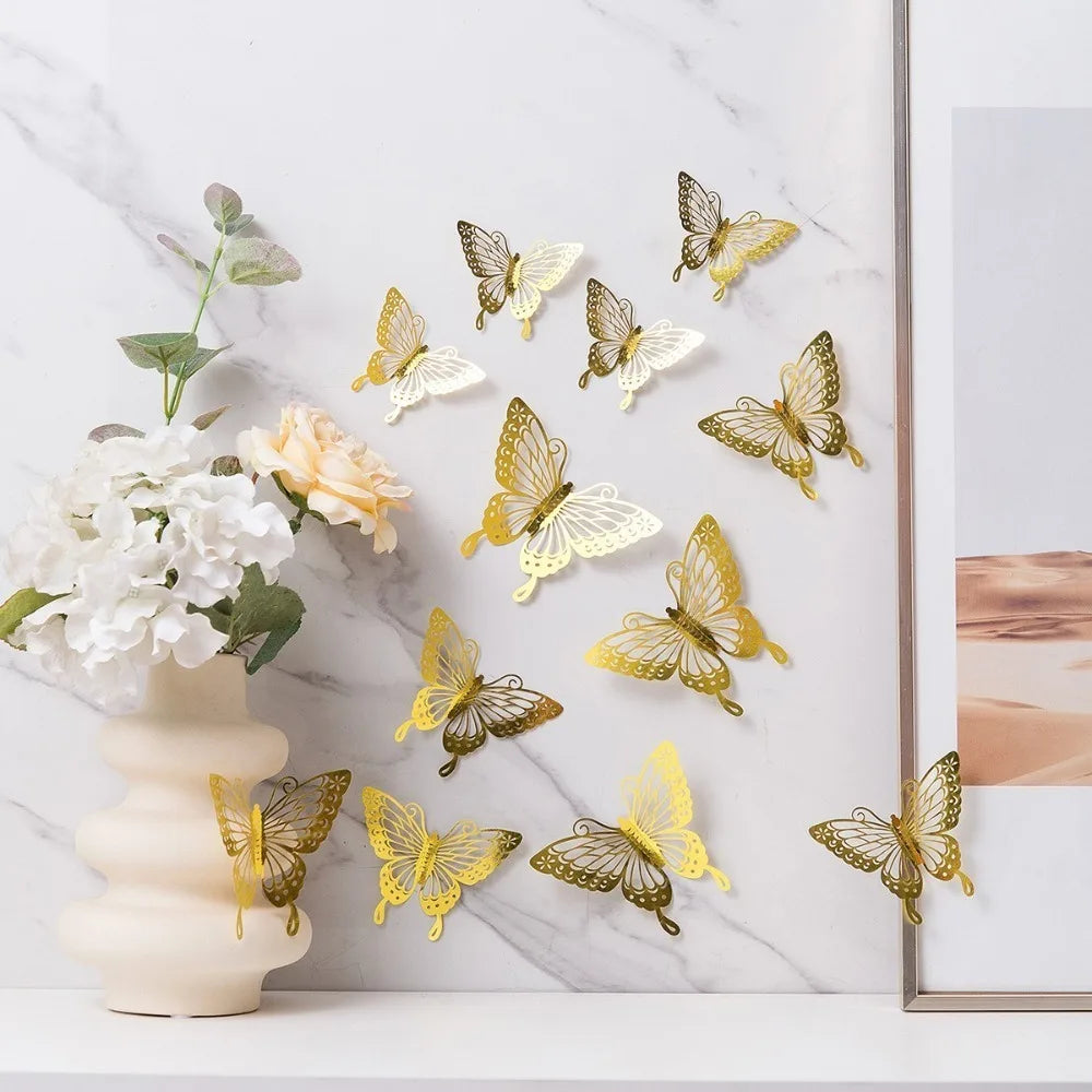 12pcs New 3D Butterfly Wall Stickers Self Adhesive Hollow Butterfly Butterfly Wallpaper DIY Decal Festival Decoration Peaceful Pleasures Health and Wellness B-Gold