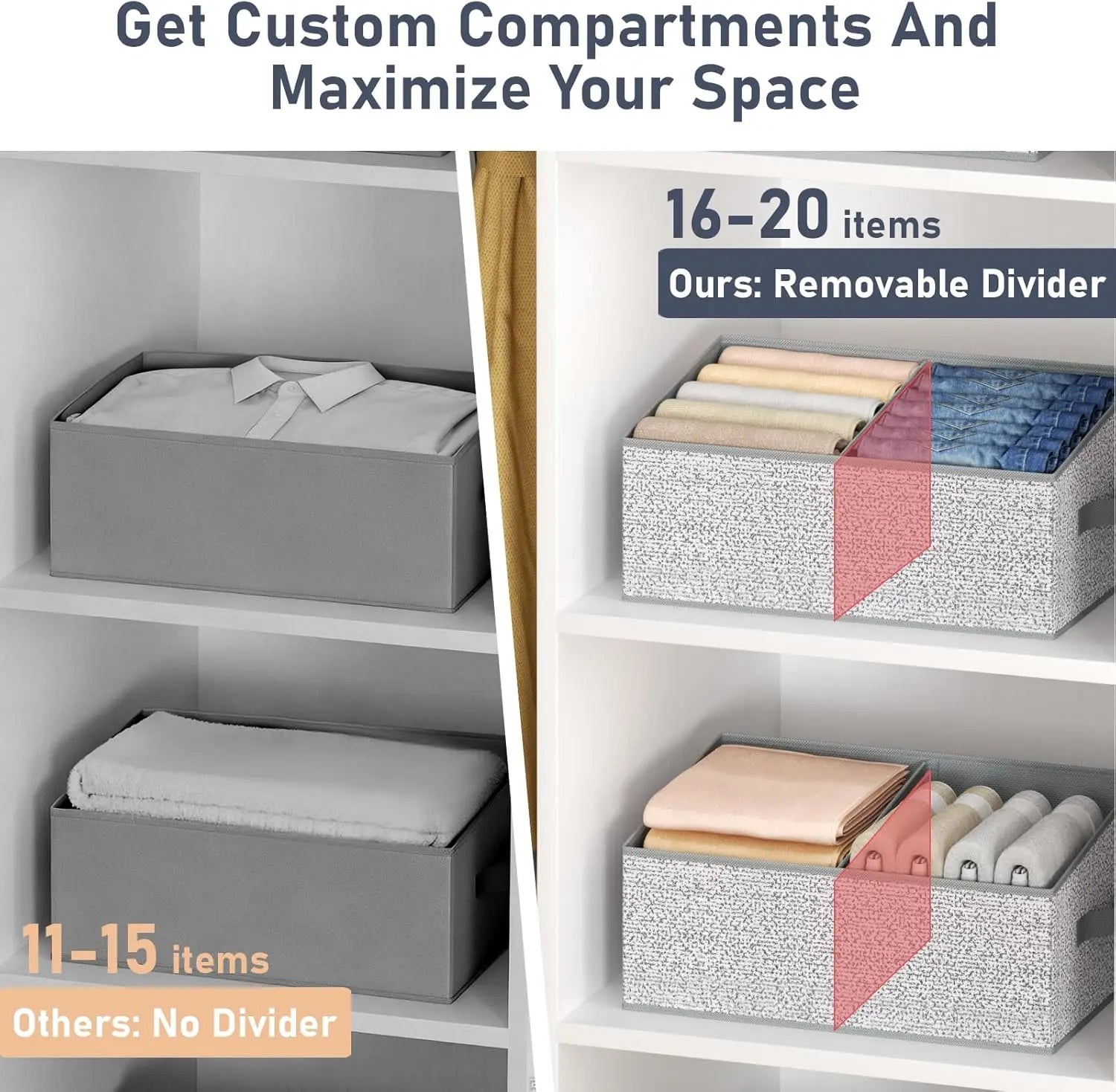 Storage boxes with and without a removable divider on shelves, emphasizing space optimization.
