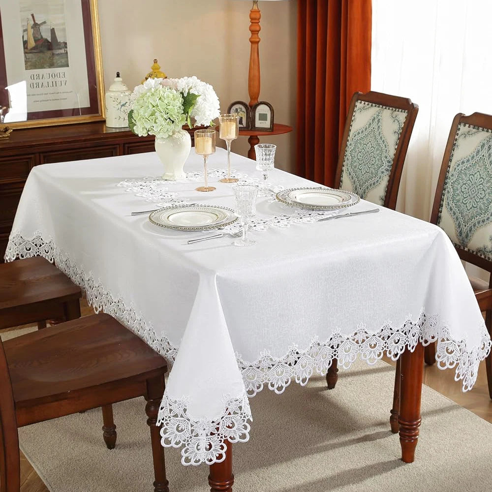 Battilo White Lace Floral Tablecloth | Waterproof Rectangle Cover