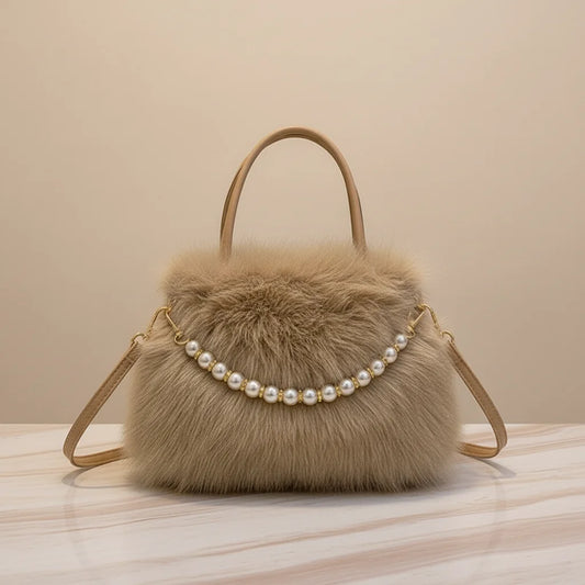 Women's Faux Fur Beaded Handbag Small Square Design Versatile Commuter Crossbody Bag Peaceful Pleasures Health and Wellness