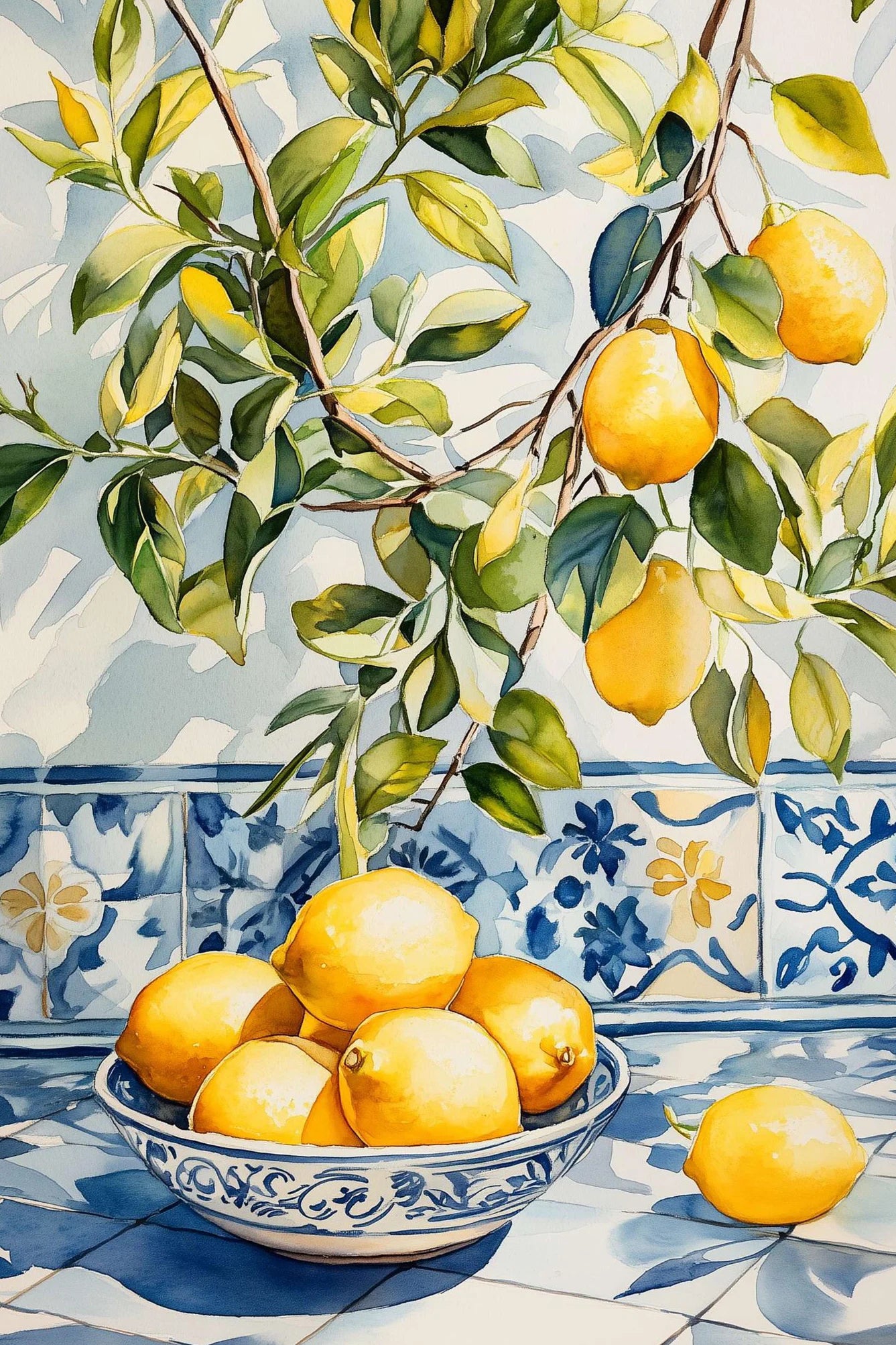 Italian Summer Woman Aperol & Lemon Tree Watercolor Canvas Art
