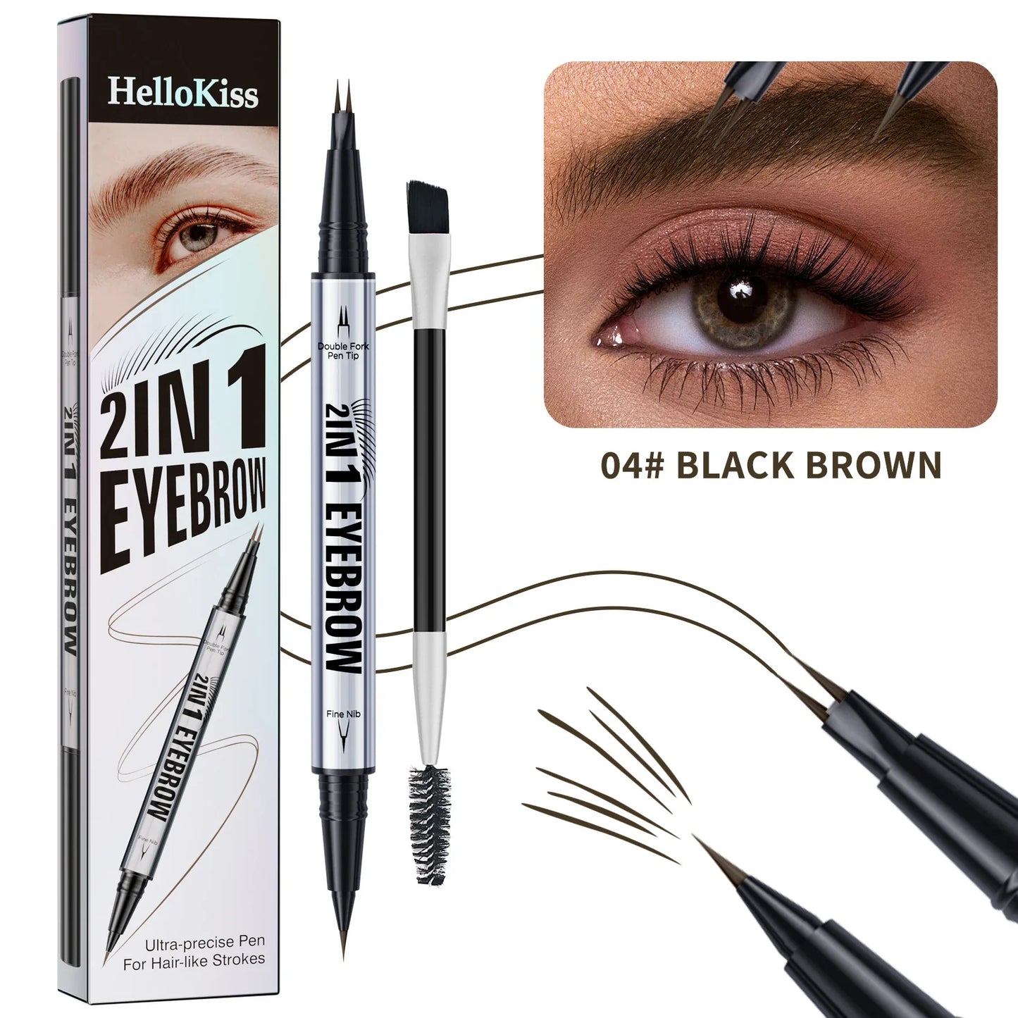 Hello Kiss 2-in-1 Waterproof Liquid Eyebrow Pencil & Fork Brush