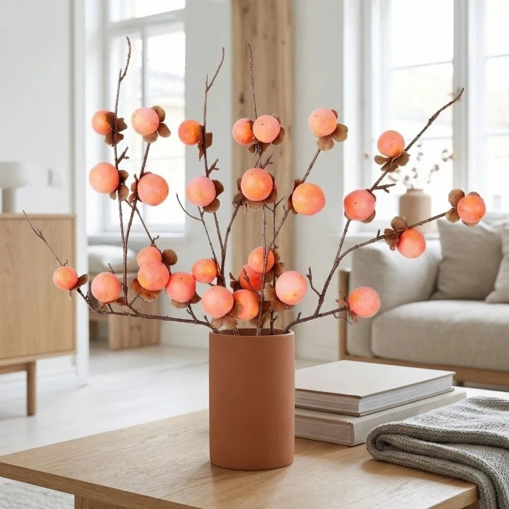8-Head Artificial Persimmon Branch | Realistic Foam Fruit Decor