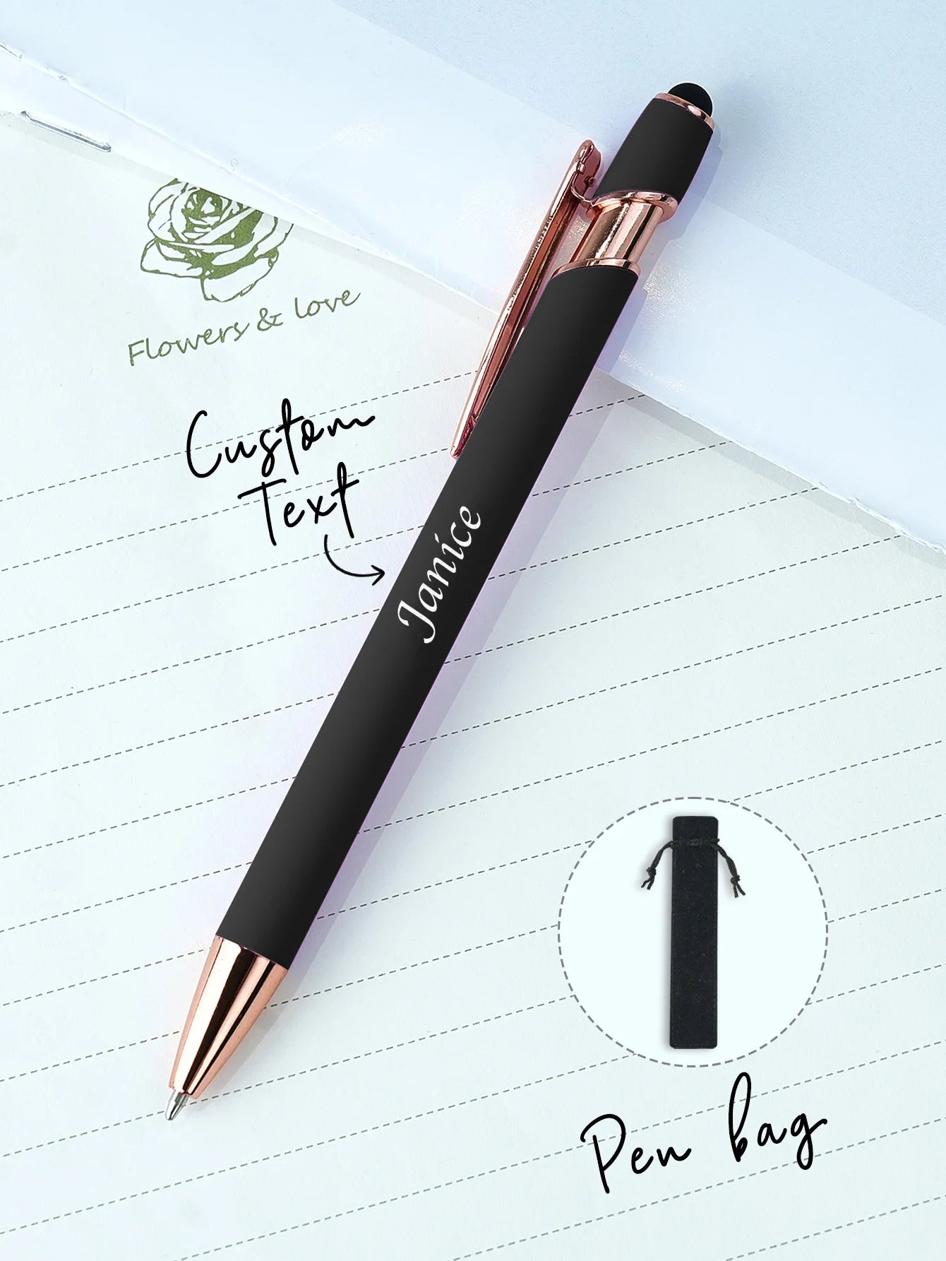 Custom Name Ballpoint Pen Personalized Engraved Stylus Soft Touch 10 Colors Gift For Coupes Teacher Student Back To School Peaceful Pleasures Health and Wellness Black One Size