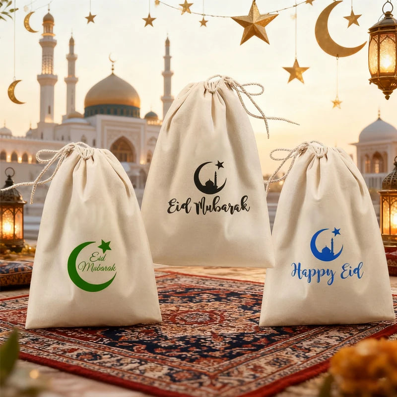 3-Pack Eid Mubarak Drawstring Favor Bags | Ramadan Party Gifts Holiday Favor Bags Peaceful Pleasures Health and Wellness