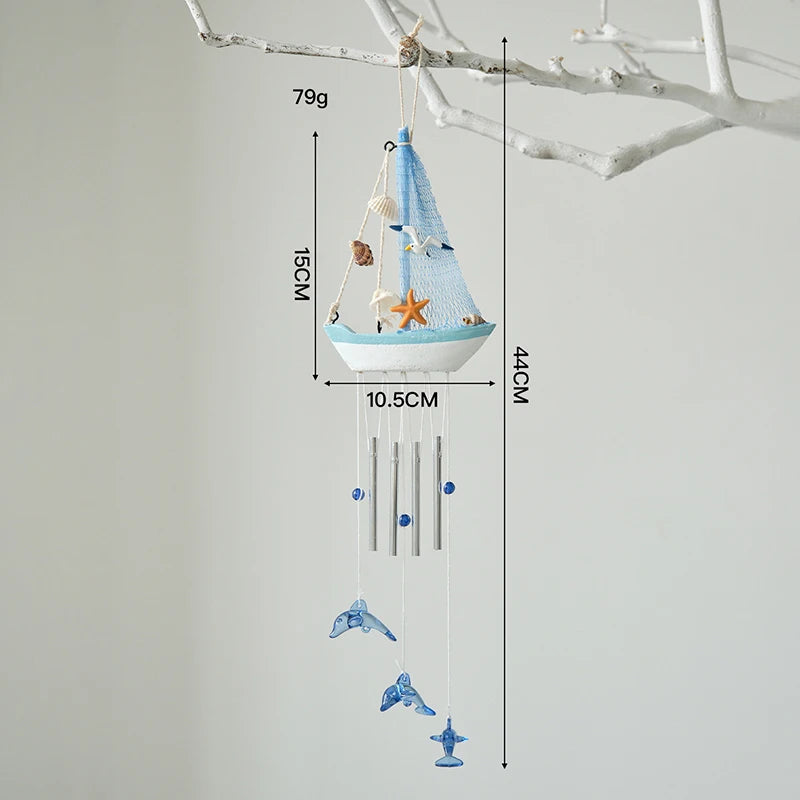 Mediterranean Wooden Sailboat Wind Chime Hanging Ornament