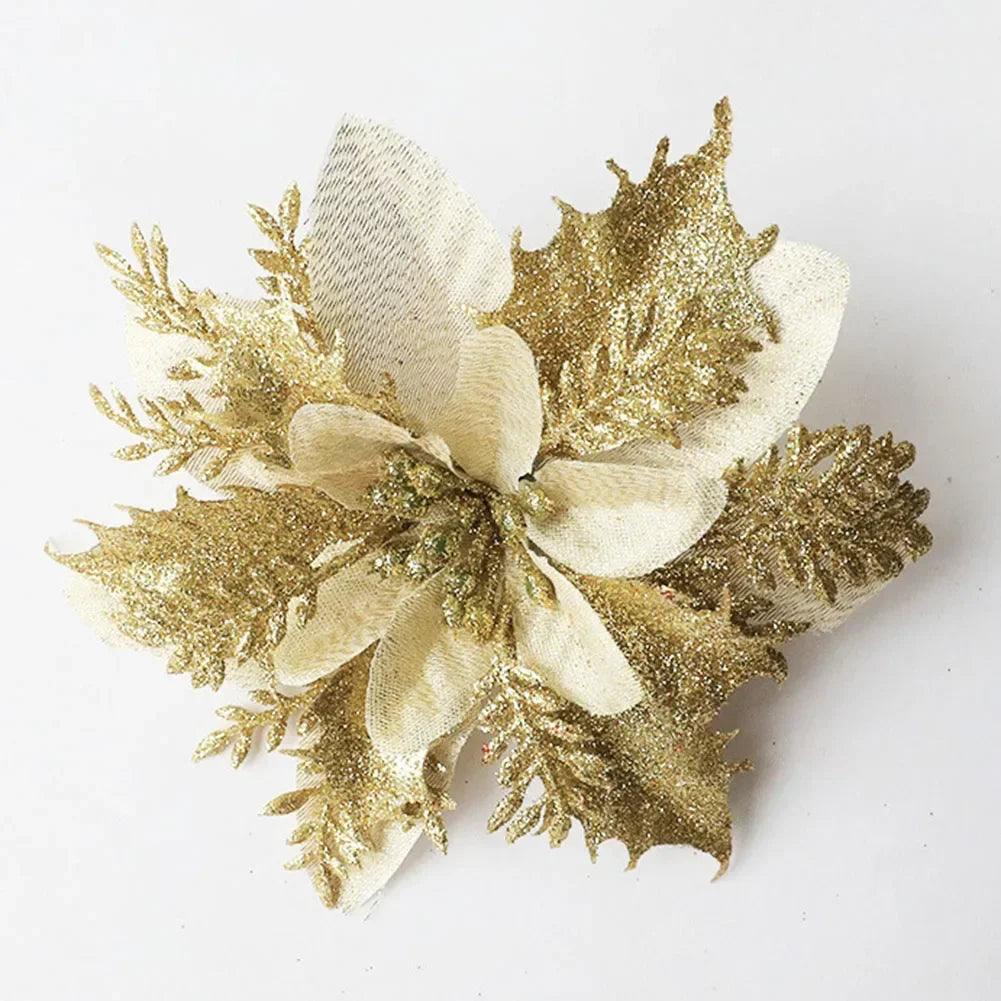 Christmas Glitter Poinsettia Flower Ornament | Xmas Tree Decor