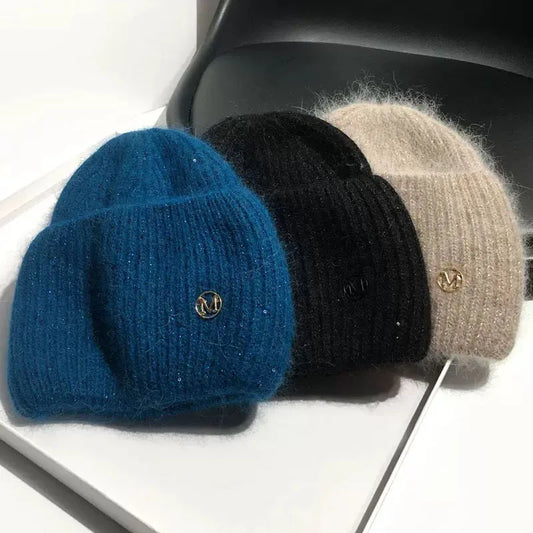 Women's Real Rabbit Fur Knitted Beanie | Sequin Winter Hat Winter Knit Beanie Peaceful Pleasures Health and Wellness