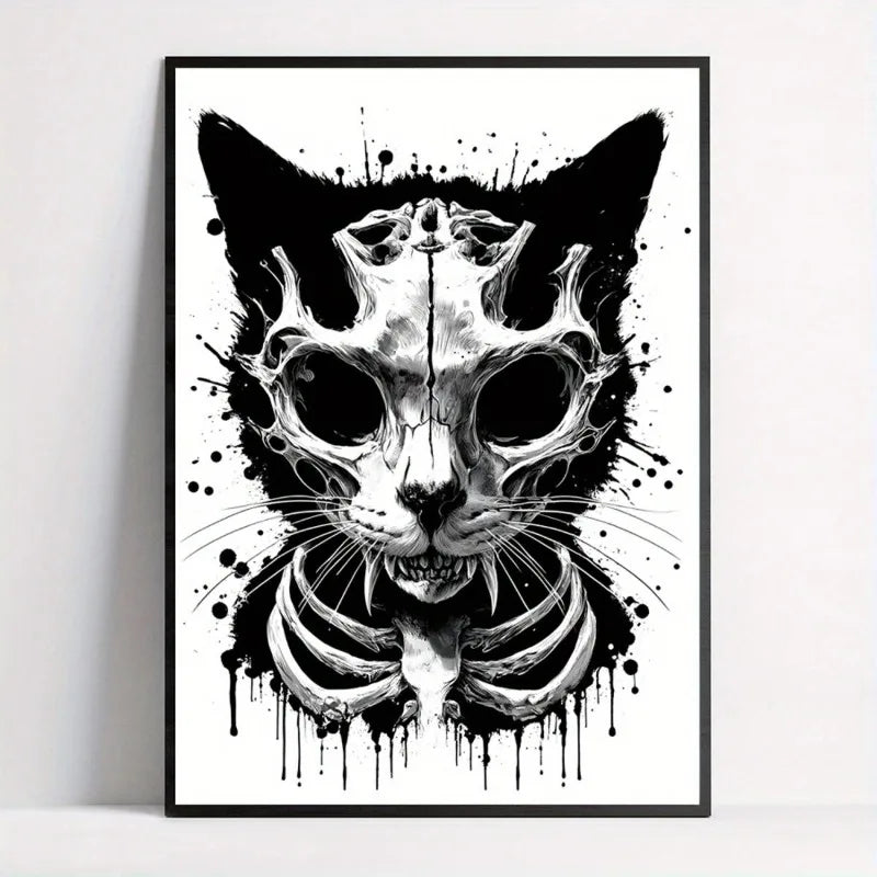 Gothic Cat Skeleton Canvas Poster | Halloween Black White Wall Art Canvas Art Poster Peaceful Pleasures Health and Wellness