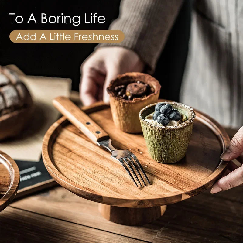 Creative High-Foot Cake Plate Acacia Wood Decoration Tea Plate Dessert Table Display Stand Afternoon Tea Fruit Snack Tray Peaceful Pleasures Health and Wellness