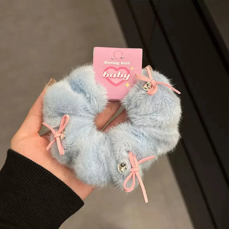 New Soft Bow Hair Scrunchie for Women New Style High Ponytail Plush High Elastic Hair Tie Rubber Band Versatile Hair Accessories Peaceful Pleasures Health and Wellness 1pc blue