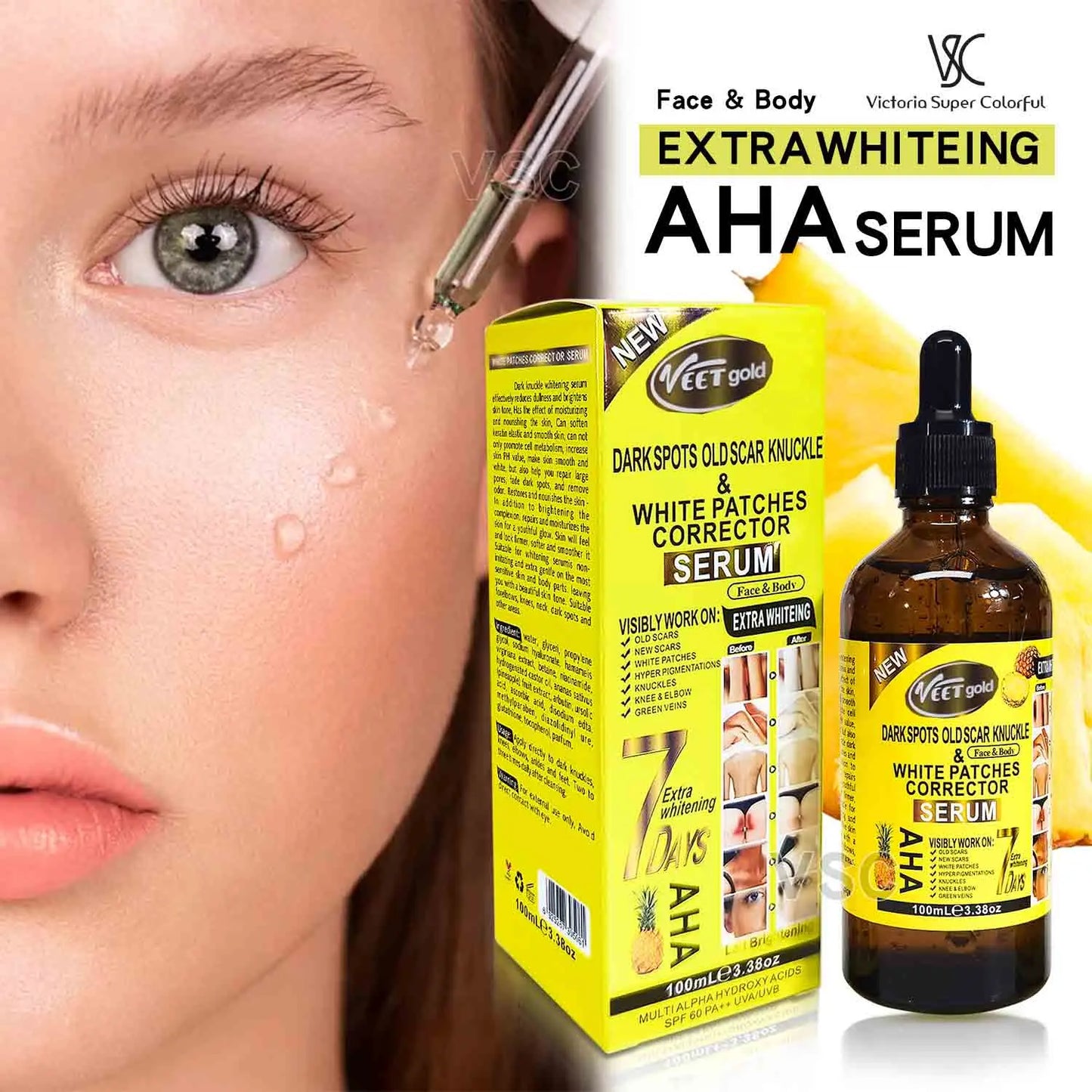 100ml AHA Pineapple White Patches Dark Spots Corrector Serum Facial Essence Fade Fine Lines Repair Dull Serum Face Skin Car Peaceful Pleasures Health and Wellness