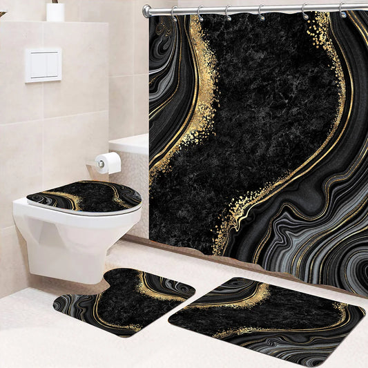 4pcs Set Doormat Shower Curtain with Non-Slip Rugs Toilet Seat Cover Bath Carpet Durable Waterproof Bathroom Home Entrance Decor Peaceful Pleasures Health and Wellness
