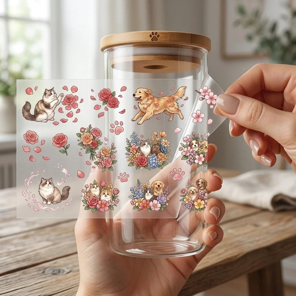 Cute Cat & Dog Floral UV Transfer Rub-On Stickers | DIY Decals
