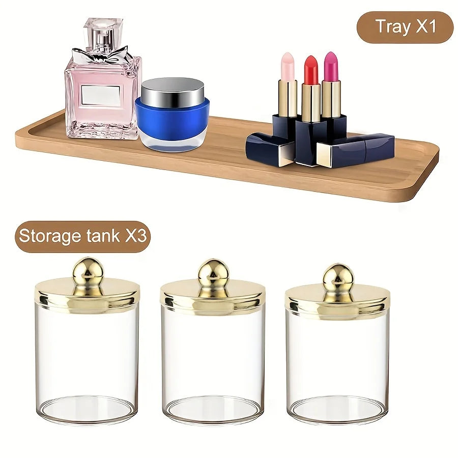3 Pack Q-tip Holder Bathroom Organizer Set with Storage Tray – Acrylic Cotton Swab, Cotton Round & Cotton Ball Dispenser