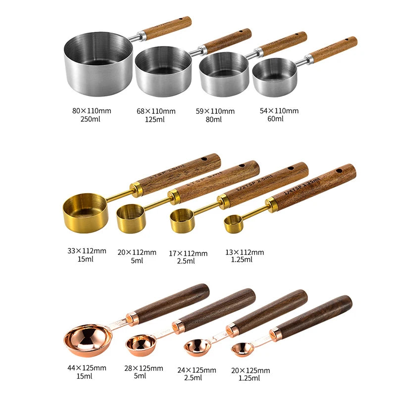 4-Piece Stainless Steel Measuring Cup Set with Walnut Wooden Handles | Gold, Rose Gold & Silver