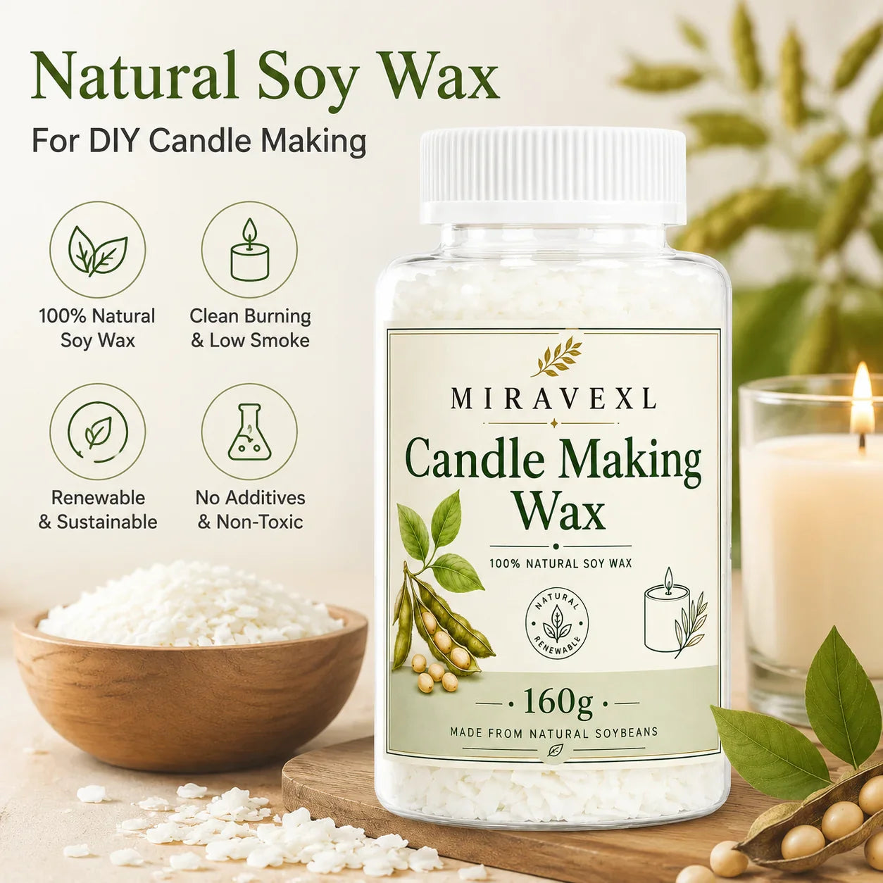 MIRAVEXL Natural Soy Wax Flakes 160g & Pearl Shimmer Pigment