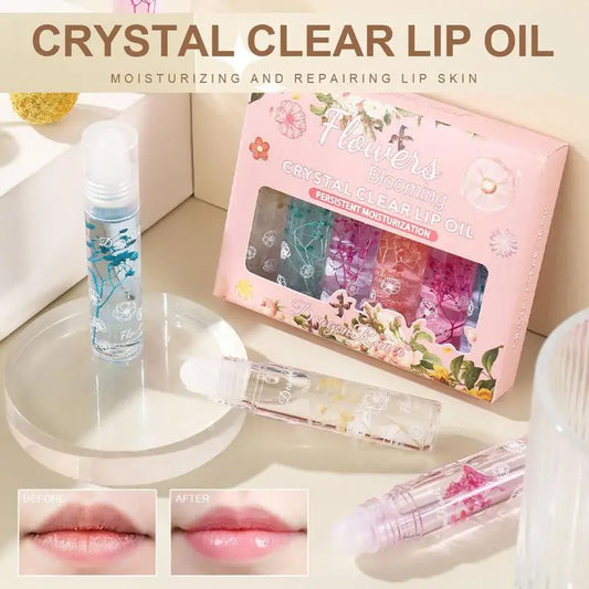 Flower Roll-On Lip Oil Set – Crystal Clear Gloss 6pc Lip Oil Gloss Set Oasis Select