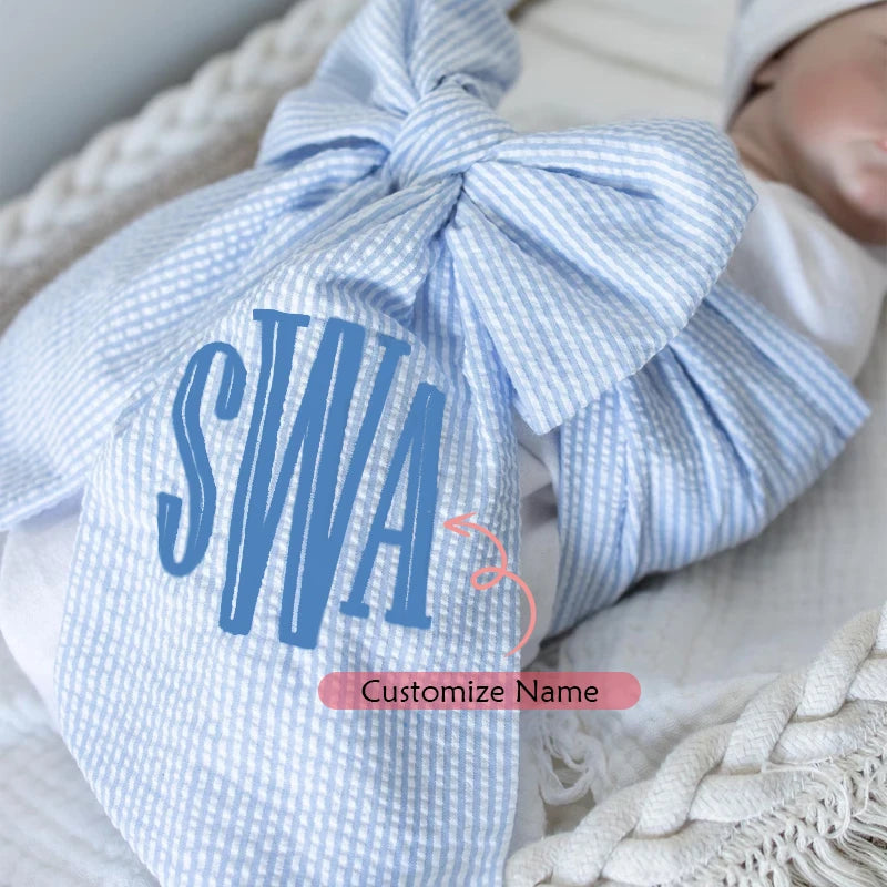 Personalized Seersucker Bow Sash Baby Blanket | Shower Gift