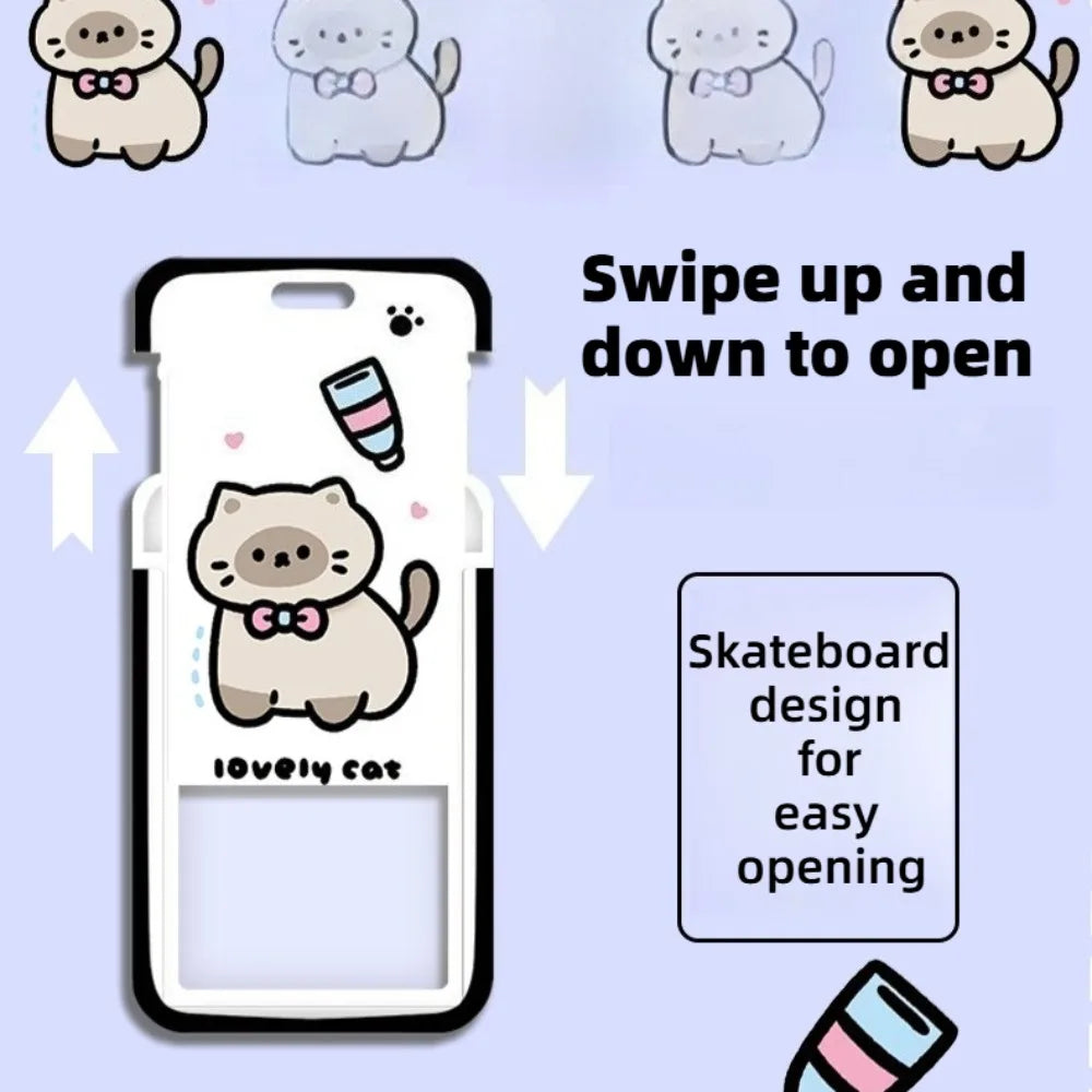 Cute Kitten Card Cover Student Cartoon ABS Sliding Card Bag Campus Card Meal Card Access Control Card Protective Case No Lanyard Peaceful Pleasures Health and Wellness
