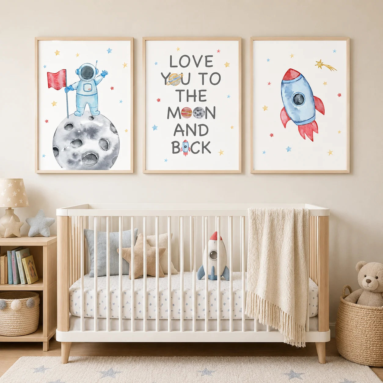 Nursery Wall Art Space Astronaut Quotes Canvas Painting Nordic Rocket Poster Print for Baby Boy Kids Bedroom Wall Decor Peaceful Pleasures Health and Wellness