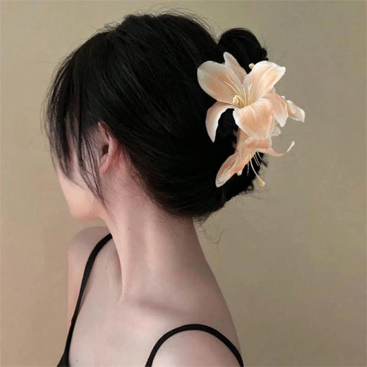 Atmosphere Simulation Lily Flower Hair Clip Beautiful High End Feeling Back Head Hair Bun Shark Hair Clip Headband Accessory New Peaceful Pleasures Health and Wellness 1PC-Orange