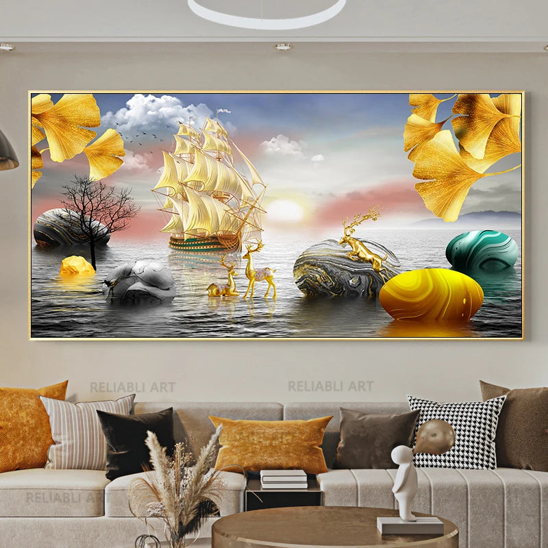 Chinese Feng Shui Golden Rich Tree Canvas Painting Wall Art Deer Landscape Lucky Stone Posters Wall Art for Living Room Decor Peaceful Pleasures Health and Wellness w2624 golden-7 20x40cm