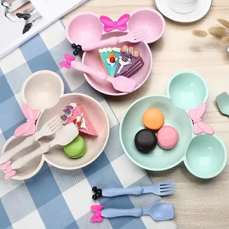 3Pcs Set Lovely Mickey Cartoon Baby Tableware Set Wheat Straw Kids Anti Drop Dinner Plate Bowl Spoon Fork for Baby Girl and Boy Peaceful Pleasures Health and Wellness