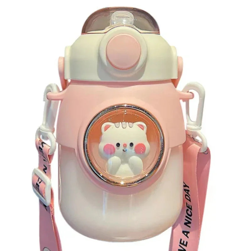 Cute Kids Water Bottles Plastic Sippy Cup with Strap Rope Portable Leakage-proof Cartoon Water Cups Drinkware Cartoon Student Peaceful Pleasures Health and Wellness
