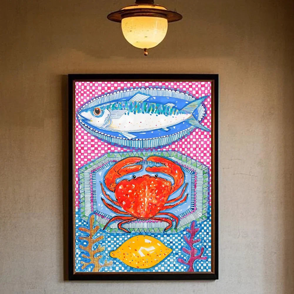 Colorful Sardines & Lobsters Canvas Wall Art | Ocean Fish Print