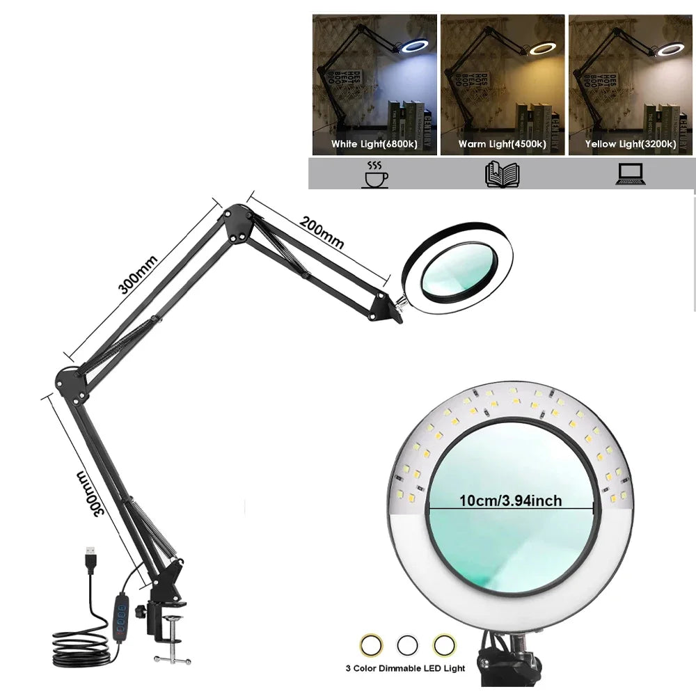 72LED 8X/10X NEW Illuminated Magnifier USB 3 Colors LED Magnifying Glass for Soldering Iron Repair/Table Lamp/Skincare Beauty Peaceful Pleasures Health and Wellness 3-segment black