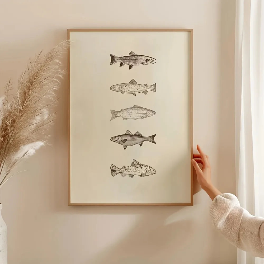 Retro Sea Fish Canvas Wall Art | Beige Fisherman Poster