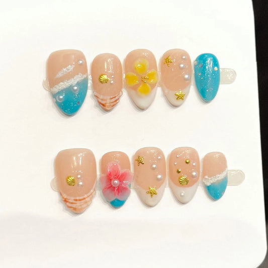 Bohemian Shell Flower Press On Nails – Short Almond 10pc Set Press On Nails Peaceful Pleasures Health and Wellness