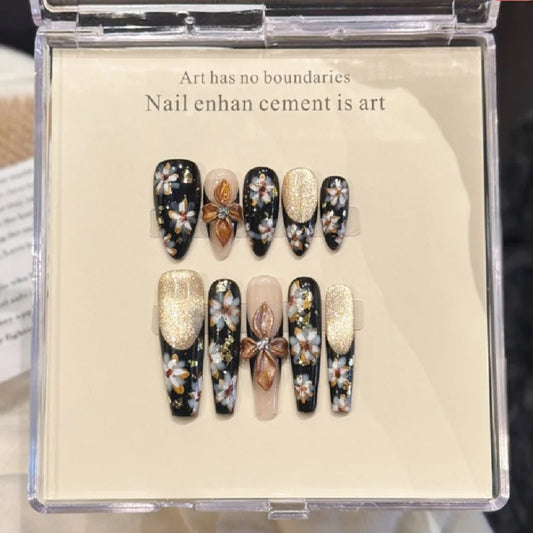 Autumn Press On Nails – Retro Golden Flower Cat's Eye Almond Press On Nails Peaceful Pleasures Health and Wellness