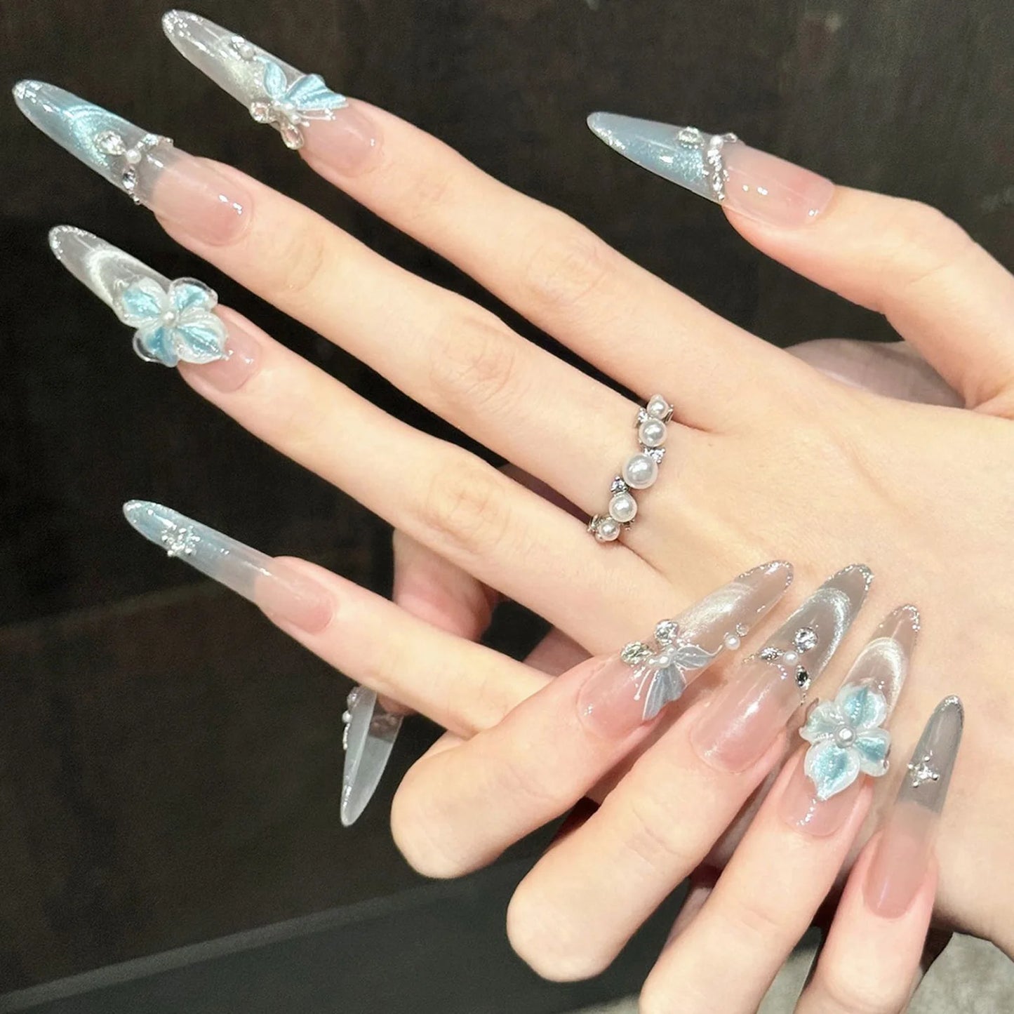 Ice Blue Cat's Eye Press On Nails | 3D Flower Butterfly Almond