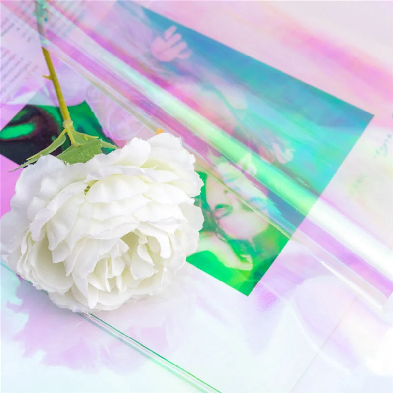 A36T-60 Pieces 59 Cm X 57 Cm Cellophane Wrap Paper Iridescent Film Gift Wrap Rainbow Flower Wrapping Packaging Paper Come Peaceful Pleasures Health and Wellness