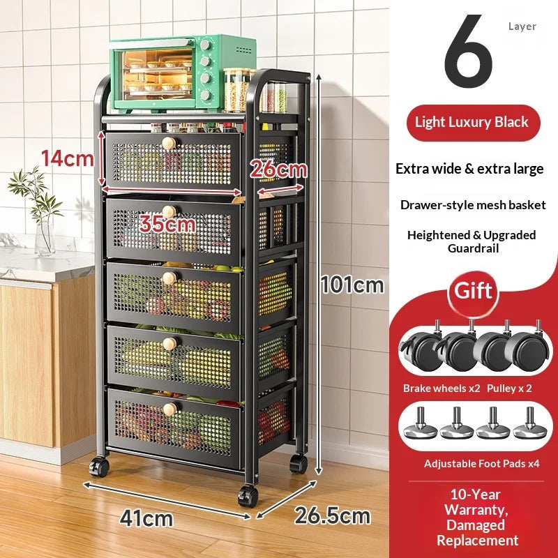 Space Saving Heavy Duty Multi Layer Rolling Fruit Vegetable Basket Storage Cart for Kitchen Floor Standing Organizer Peaceful Pleasures Health and Wellness Black 6 Layers