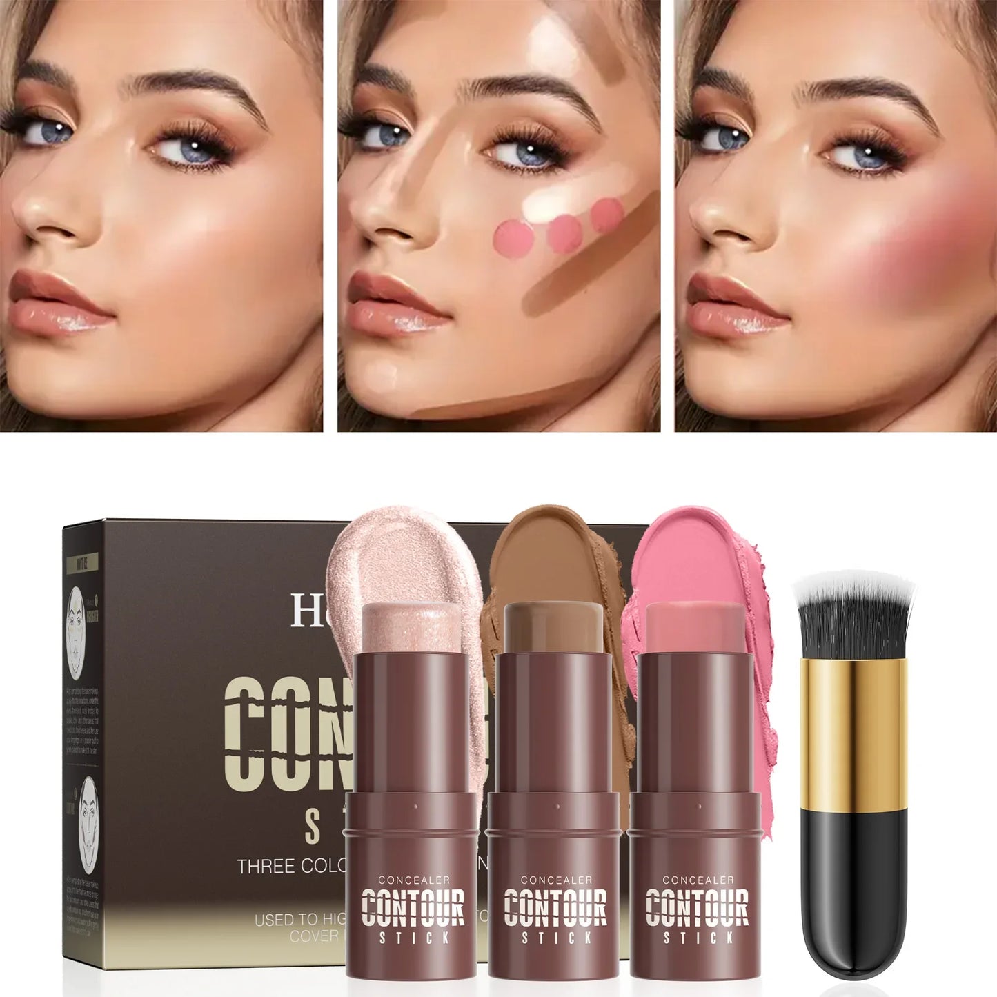 Hello Kiss 4-Piece Contour Stick Set – Highlighter, Blush & Bronzer