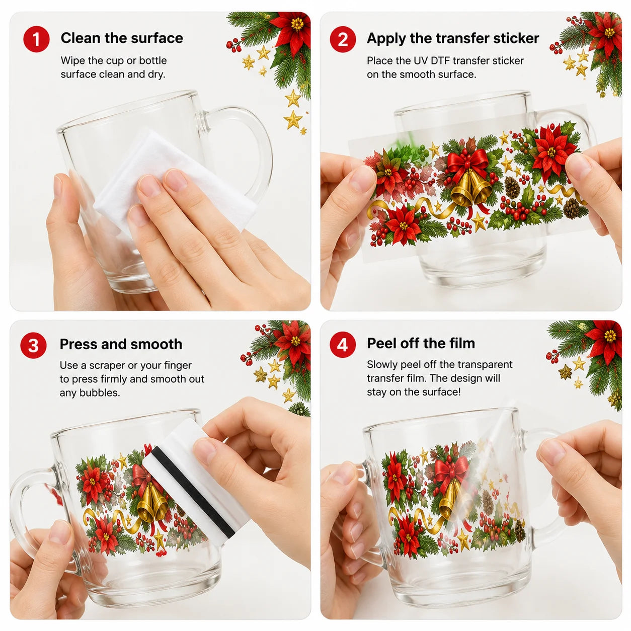 Christmas UV DTF Stickers – Poinsettia Bell Holly Berry Decals
