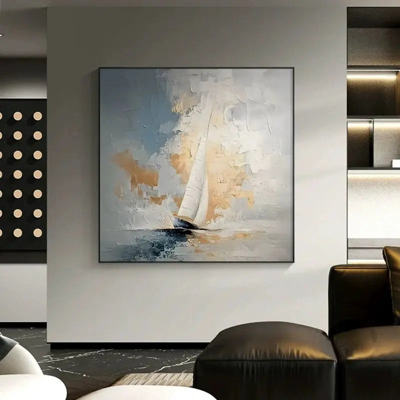Sea Sailboat Abstract Art Oil Painting Handmade Canvas Hanging Poster Modern Decorative Mural For Living Room Bedroom Restaurant Peaceful Pleasures Health and Wellness