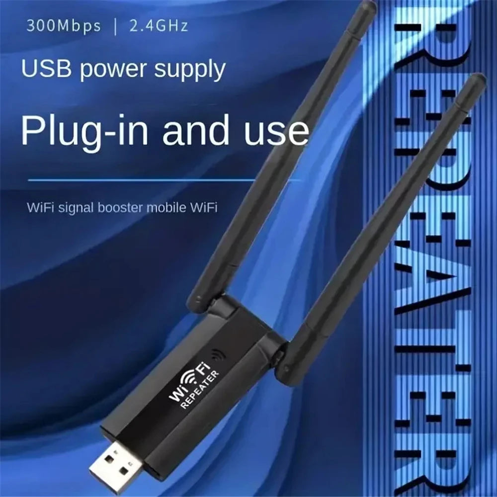 USB WiFi Extender 300Mbps 2.4GHz Dual Antenna Signal Booster