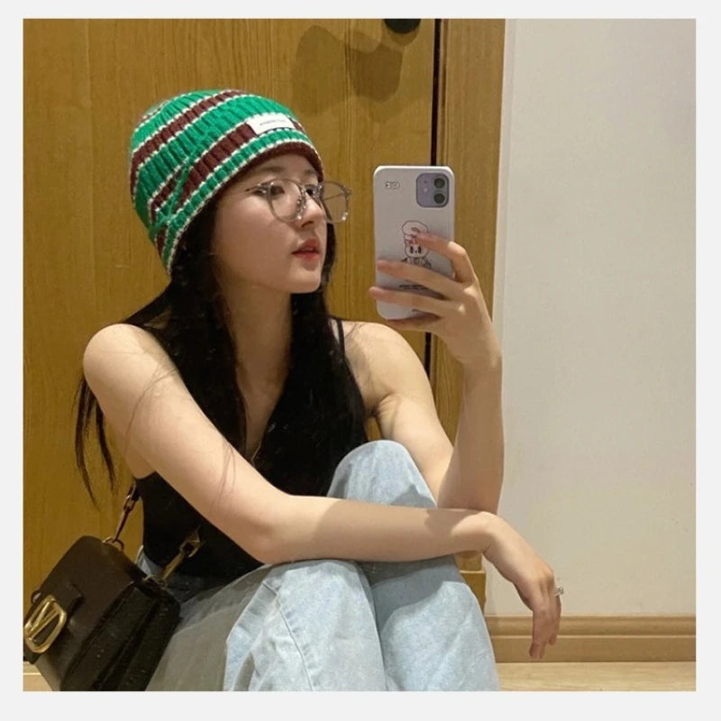 Striped Knit Beanie – Warm Contrast Color Winter Hat Unisex