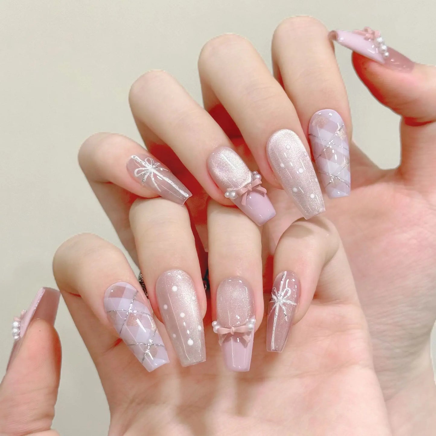 10pcs Handmade Press on Nails Sweet 3D Bow Decor Cat's Eye Fake Nail Tips Wearable Detachable Ins Plaid Pink French False Nails Peaceful Pleasures Health and Wellness XS