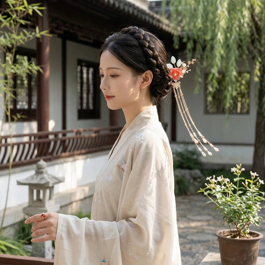 Crystal Hairpin for Hanfu Accessories Glass Beaded Tassel Headwear with Alloy Base Peaceful Pleasures Health and Wellness