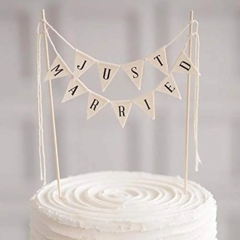 Rustic "Just Married" Wedding Cake Topper | Vintage Bunting Wedding Cake Topper Peaceful Pleasures Health and Wellness Cake Bunting 1pcs