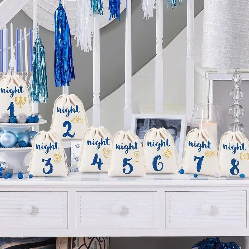 8 Nights Hanukkah Drawstring Bags | Chanukah Countdown Pouches Holiday Countdown Pouches Peaceful Pleasures Health and Wellness